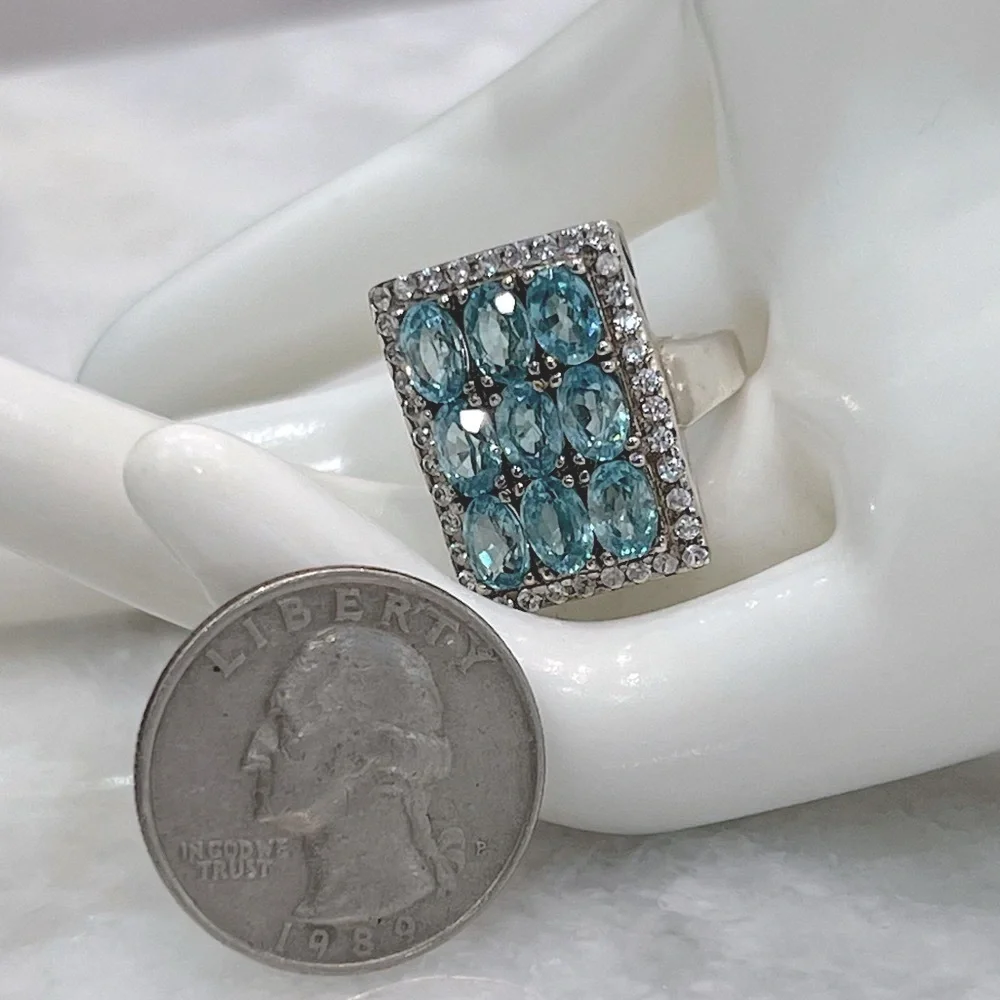 Cambodian Blue Zircon White Zircon Sterling Silver Rectangular Cluster R… - Picture 14 of 14